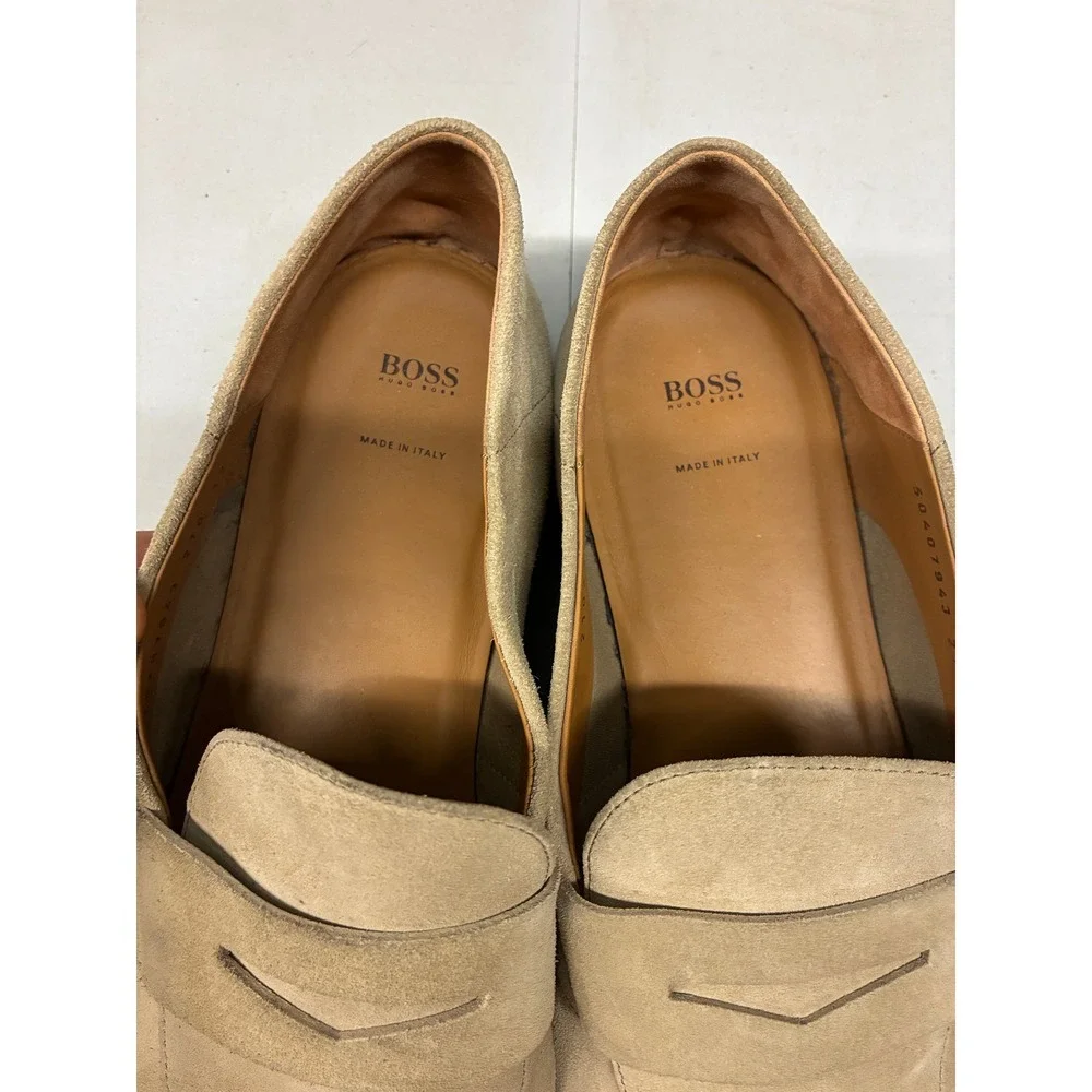 BOSS Hugo Boss Suede Penny Loafers Shoes Mens 12 Beige Slip On Italy Classic